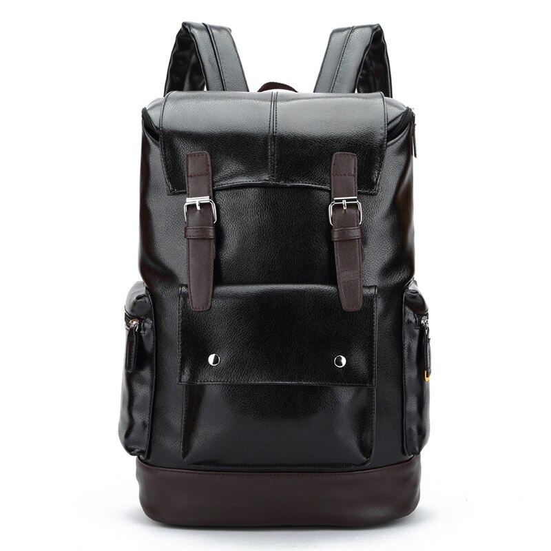 Men's black PU leather backpack with multiple pockets for travel and casual use.
