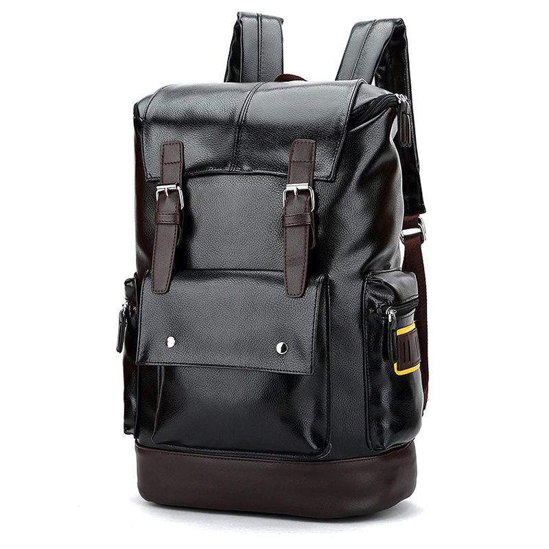 Men's black PU leather backpack with multiple pockets and adjustable straps for versatile travel.
