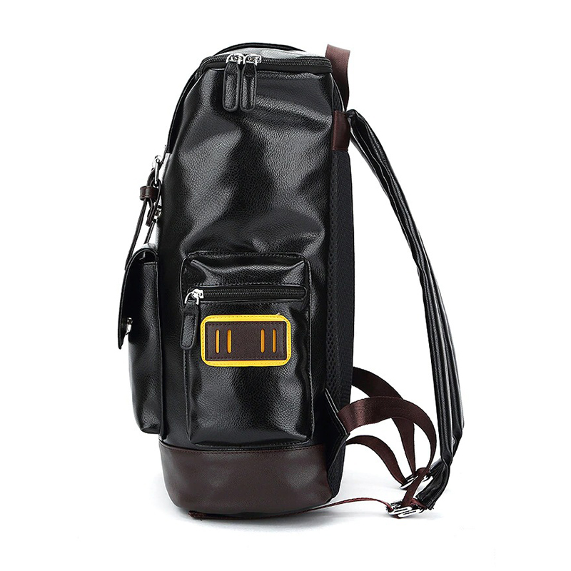Men's black PU leather backpack with multiple pockets and a stylish design, perfect for travel and casual outings.