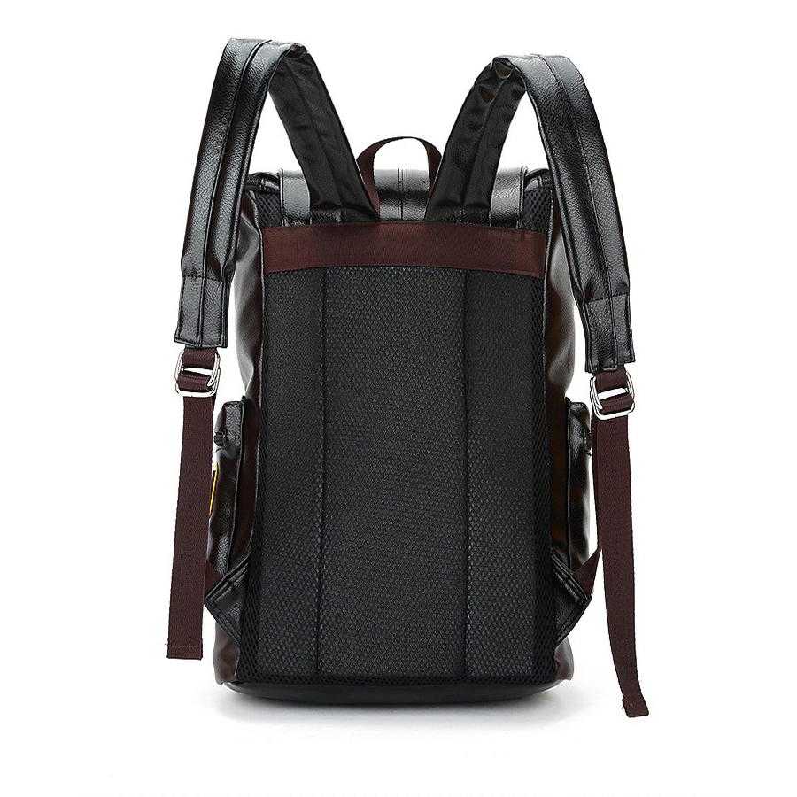 Men's black PU leather backpack showing breathable back panel and stylish straps, perfect for casual travel.