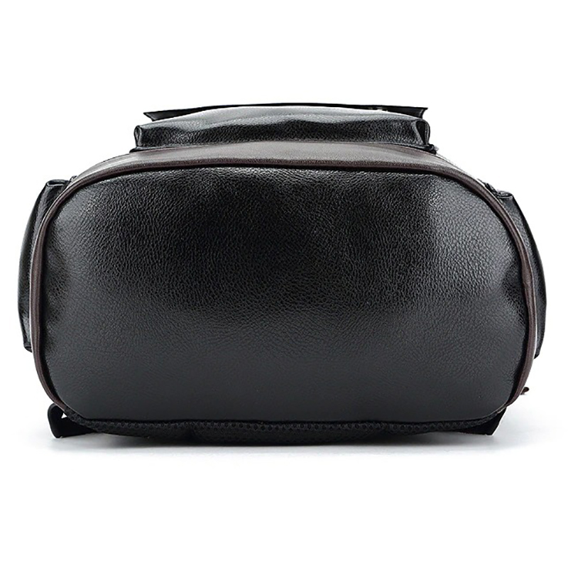 Men's black PU leather backpack bottom view, showcasing its durable design and ample space.