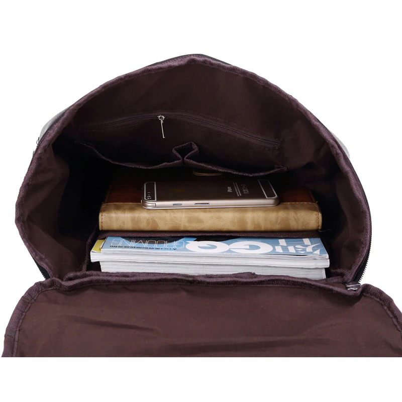 Interior view of a men's black PU leather backpack showcasing multiple pockets, including space for a phone and magazines.