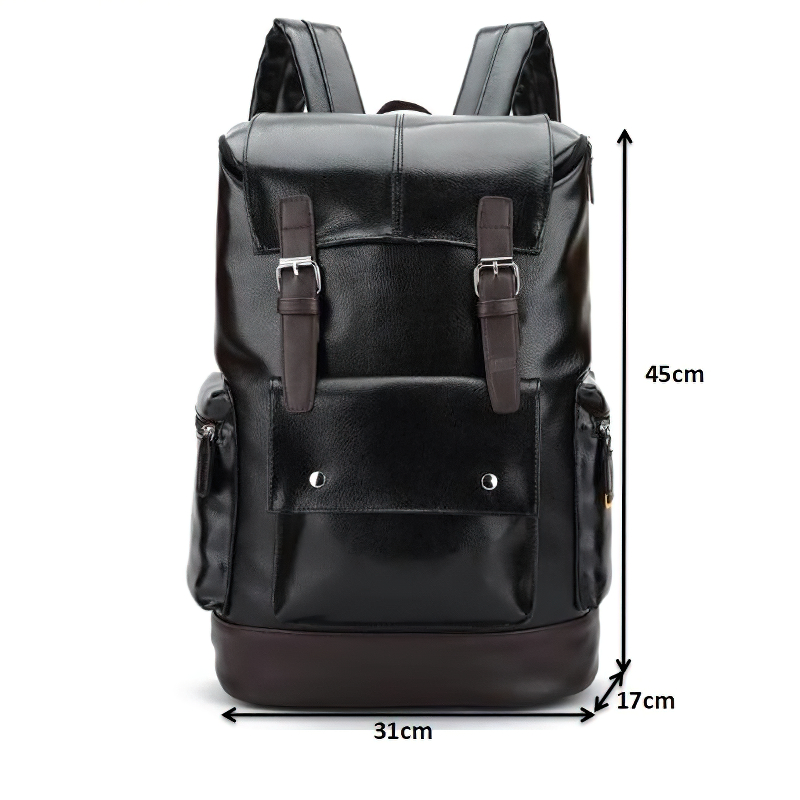 Fashion Men's Black PU Leather Backpack with multiple pockets, modern design, and large capacity, perfect for travel.