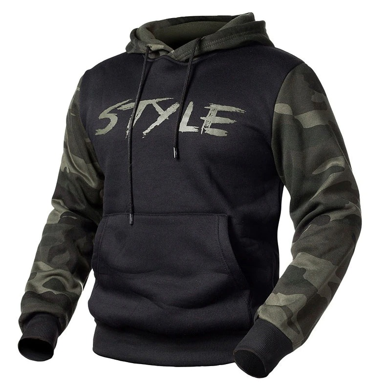 Men's camouflage hoodie in stylish black and green design, perfect for casual wear and trendy outfits.