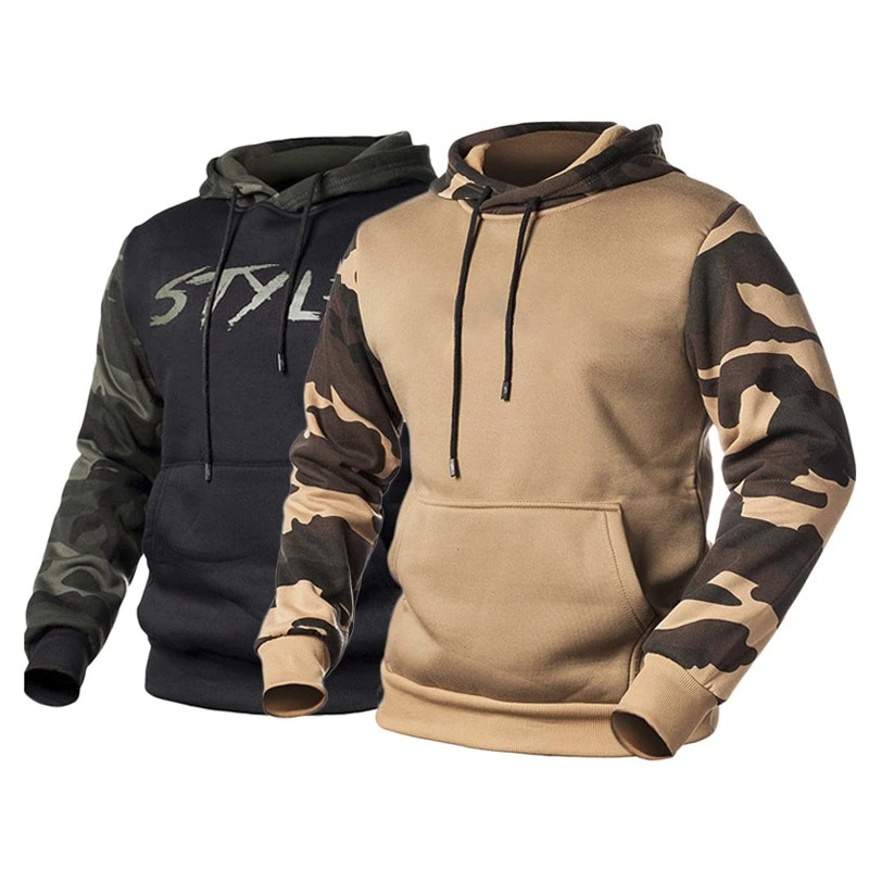 Stylish men's camouflage hoodies in black and khaki, featuring eye-catching prints and a casual fit.