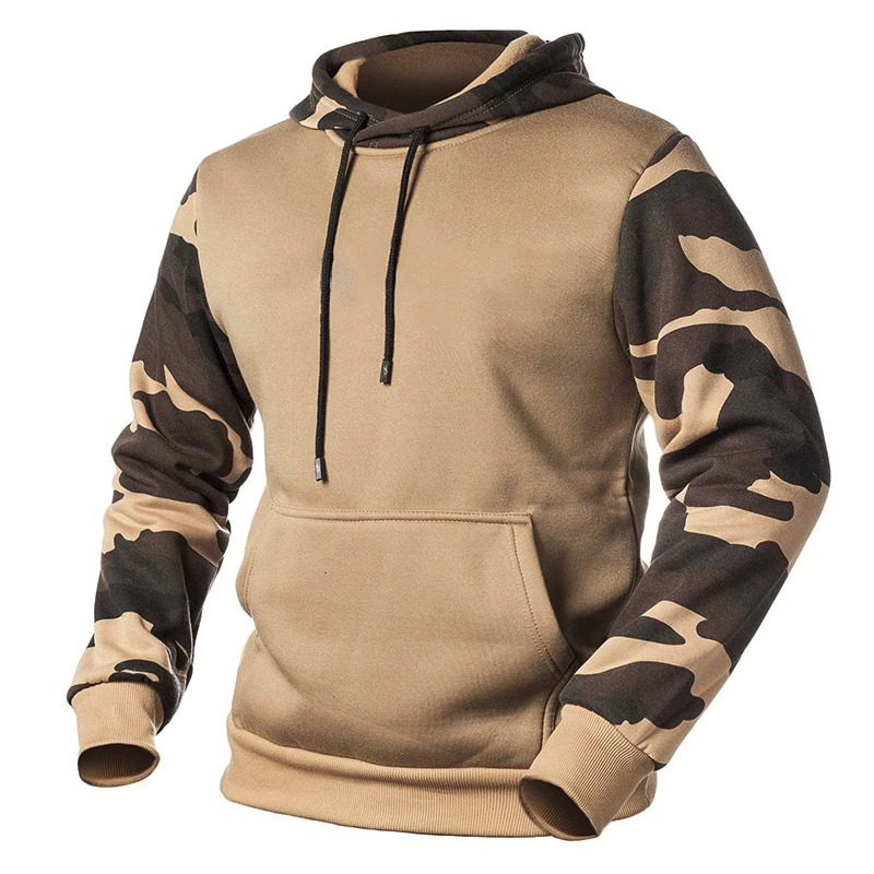 Men's camouflage hoodie in casual style, featuring unique print on sleeves for a stylish look.