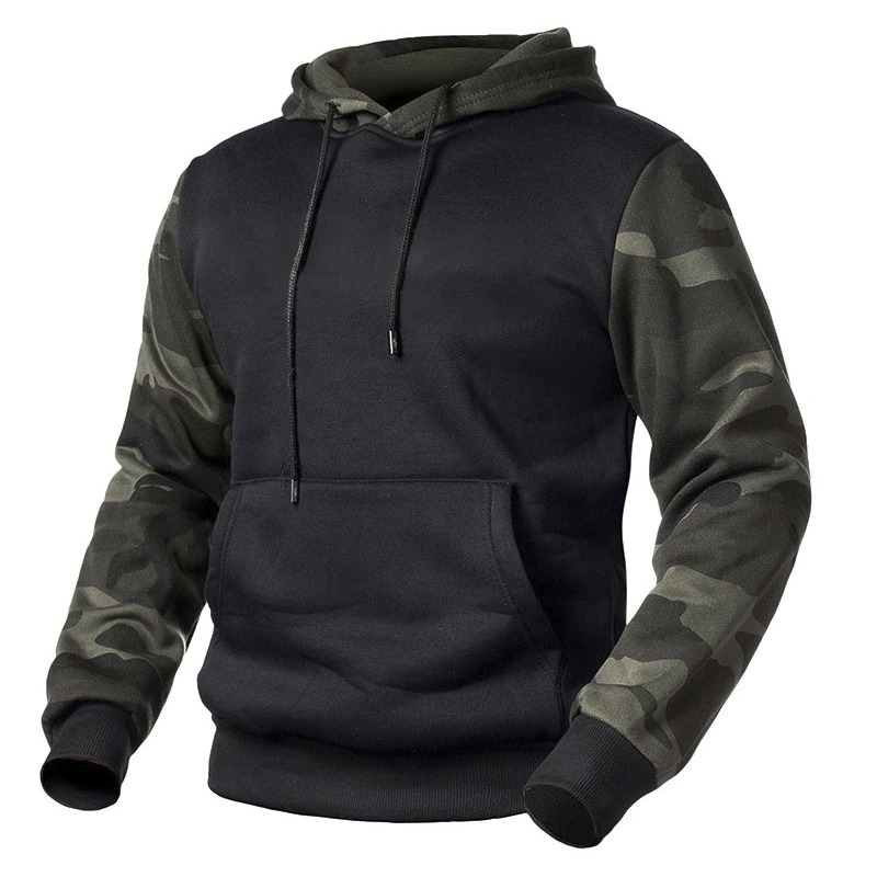 Men's camouflage hoodie with stylish printed sleeves for a casual look.