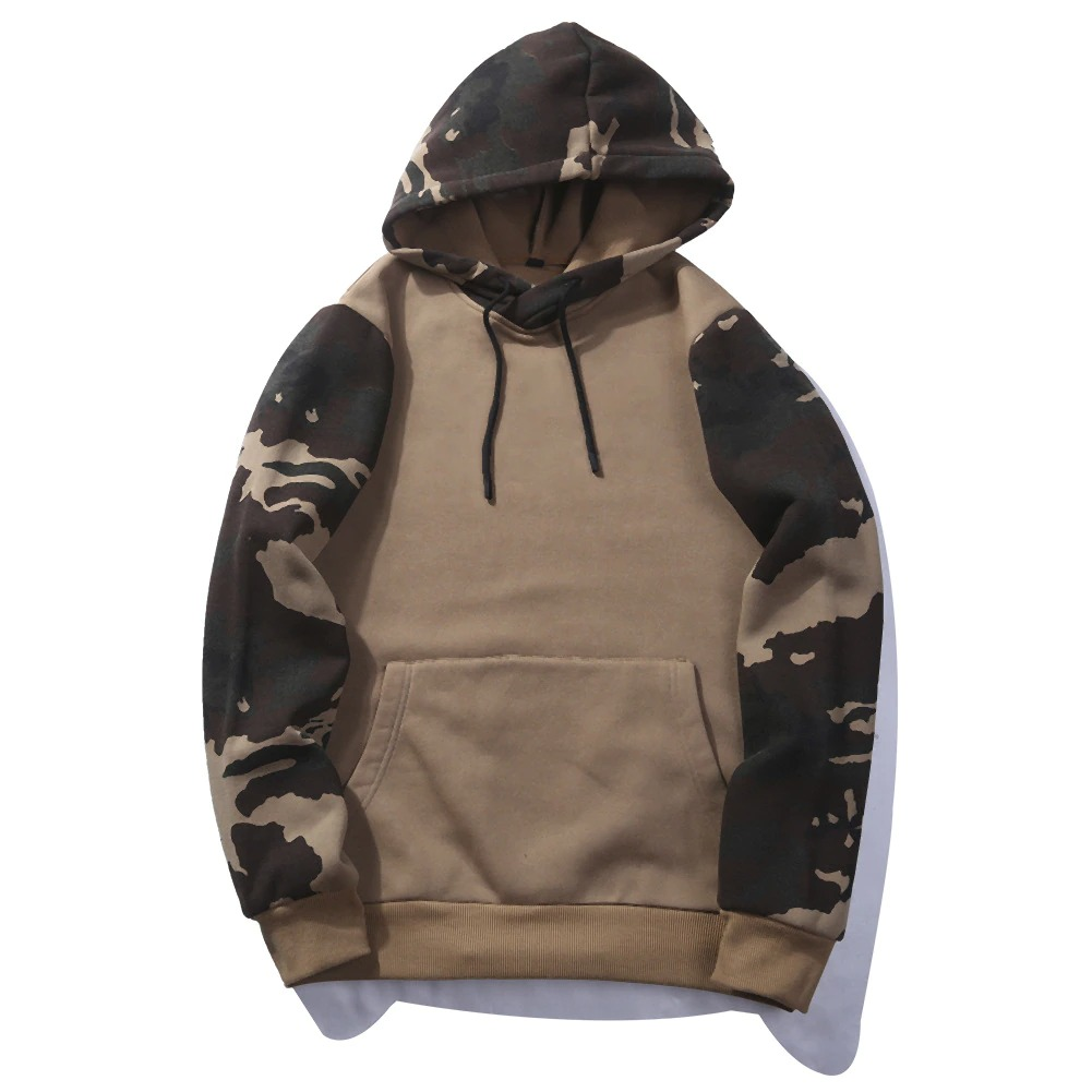 Men's camouflage hoodie with stylish printed sleeves, perfect for casual wear and staying trendy.