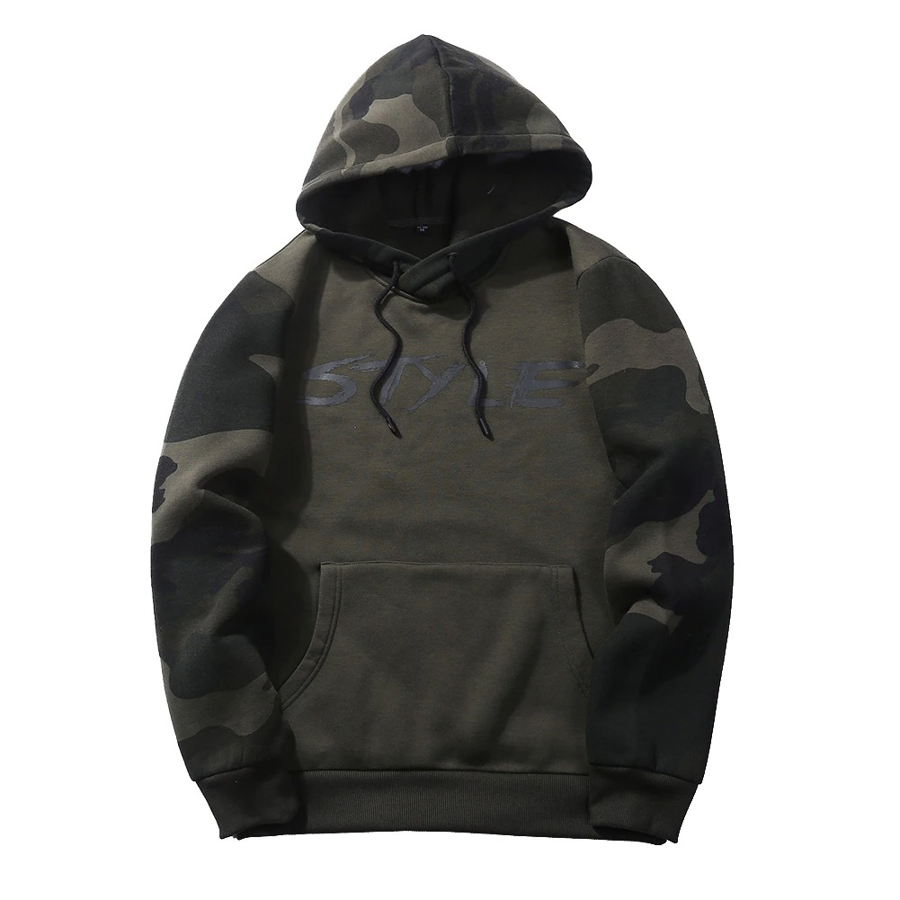 Men's camouflage hoodie with stylish print sleeves, perfect for casual wear and comfortable fit.