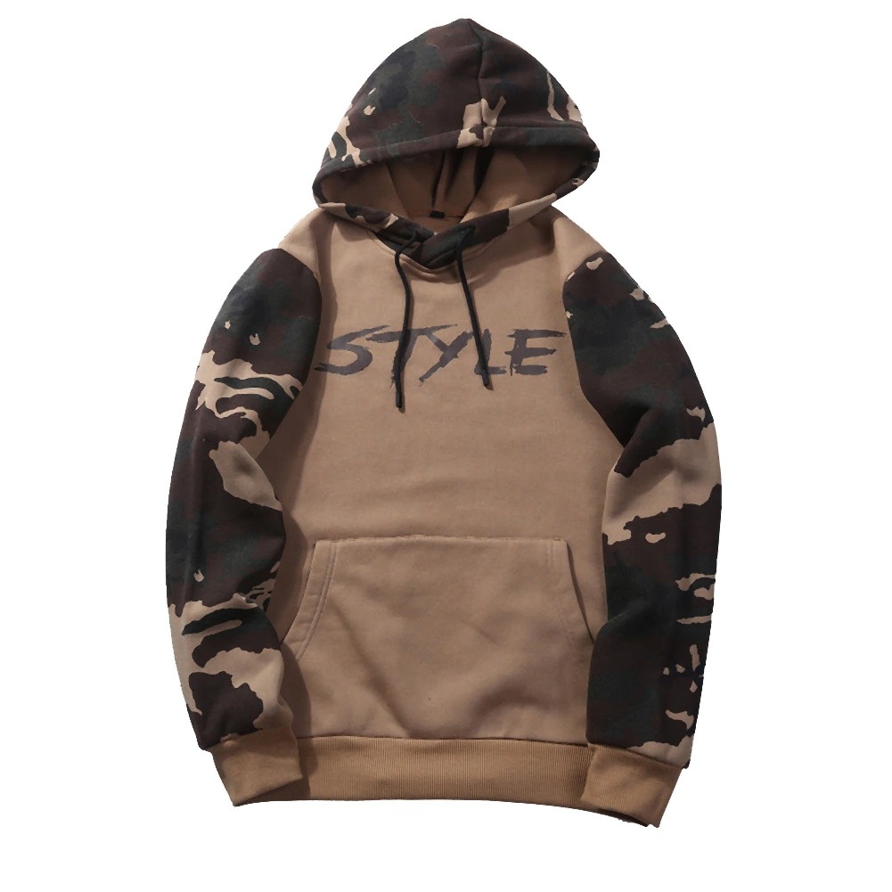 Men's camouflage hoodie with stylish print on sleeves, perfect for casual wear.