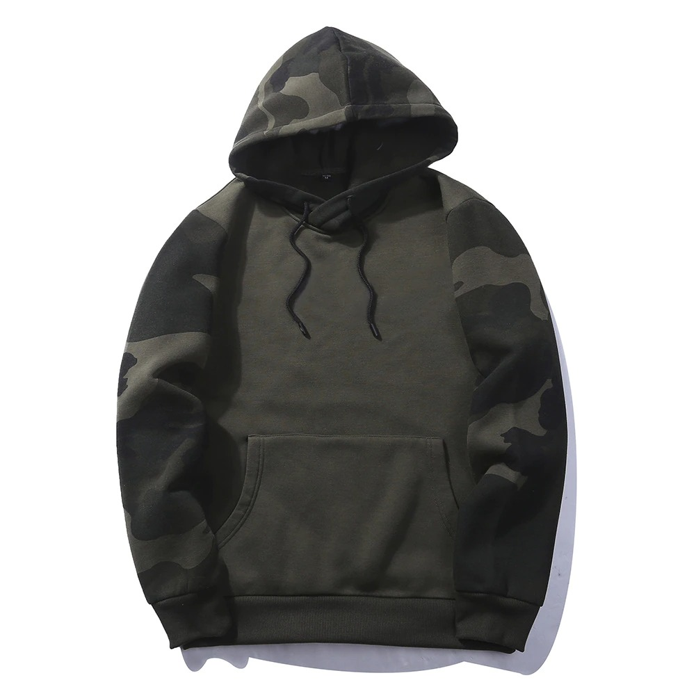 Men's camouflage hoodie featuring stylish sleeve prints, perfect for casual wear and cozy comfort.