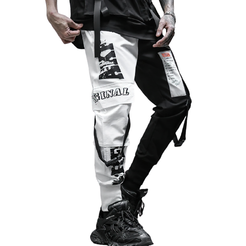 Fashion Men's Cargo Pants of Black White Patchwork / Casual Male Cotton Trousers with Pockets - HARD'N'HEAVY