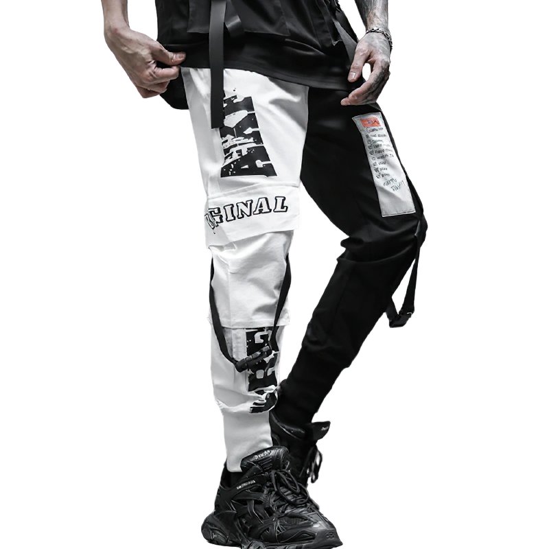 Stylish men's cargo pants featuring black and white patchwork design, perfect for alternative casual looks.