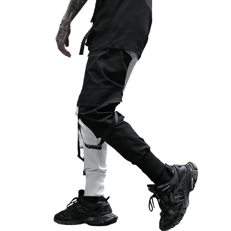 Stylish men's black and white cargo pants with pockets, perfect for casual outfits and alternative fashion.