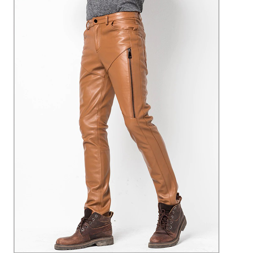 Fashion Men's Casual Skinny Pants with Zipper / Male Leather Motorcycle Pants - HARD'N'HEAVY