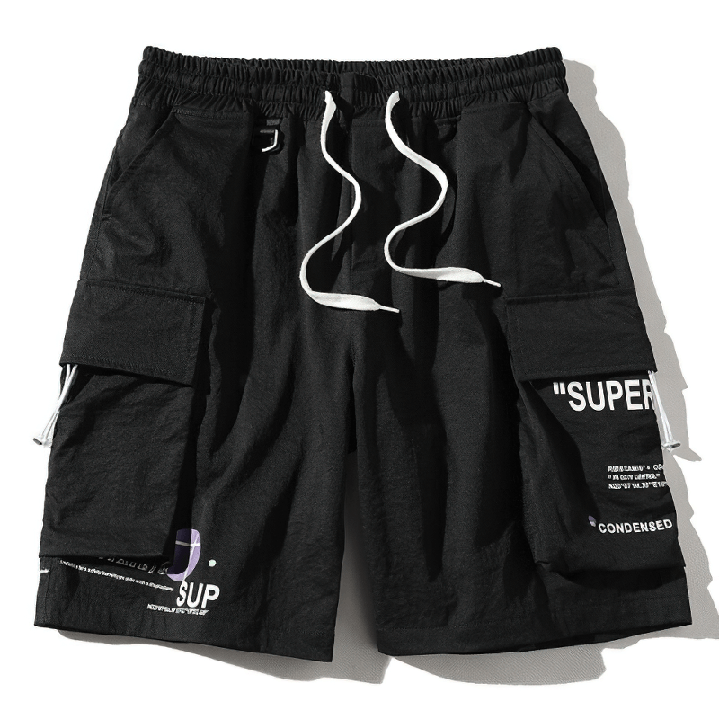 Stylish men's black elastic waist shorts with multi-pocket design for casual wear and everyday comfort.