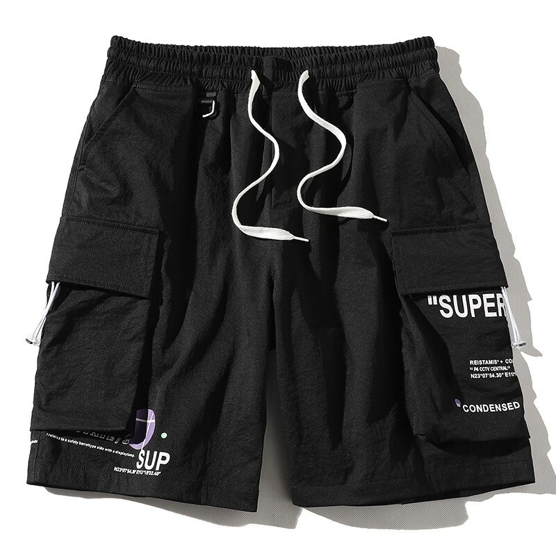 Stylish black men's elastic waist shorts with multi-pockets for casual wear.