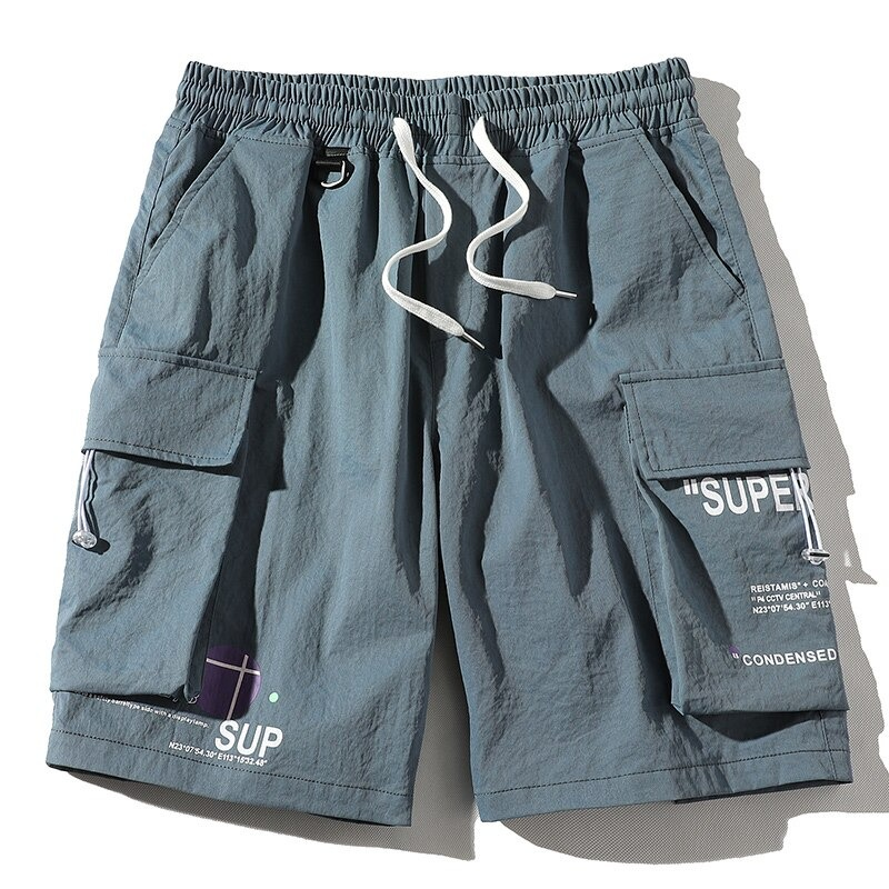 Fashion men's elastic waist shorts in blue with multi-pockets for stylish casual wear.