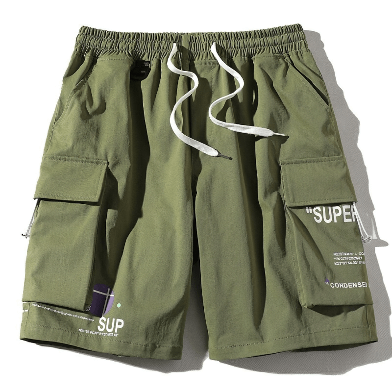 Men's stylish elastic waist shorts in olive green with multiple pockets for casual wear.