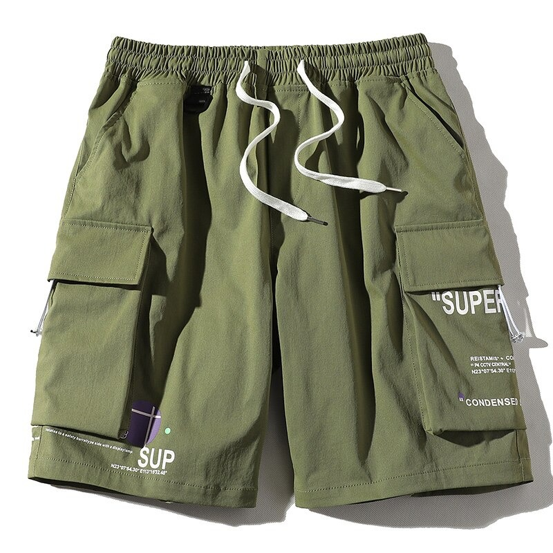 Men's stylish elastic waist shorts in olive green with multi-pockets for casual everyday wear.