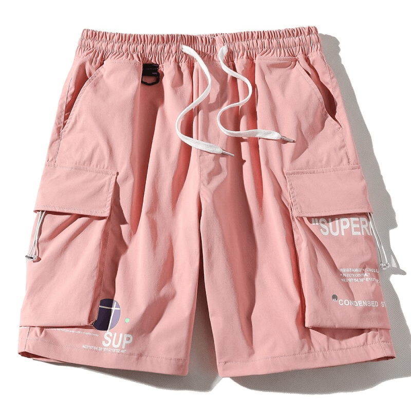 Stylish pink men's elastic waist shorts with multi-pockets for casual wear, perfect for everyday adventures.