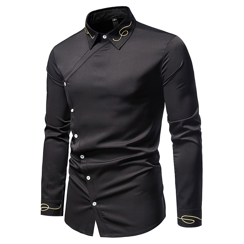 Men's black embroidered asymmetric long-sleeved shirt made of breathable cotton fabric. Stylish casual wear for fashion-forward men.