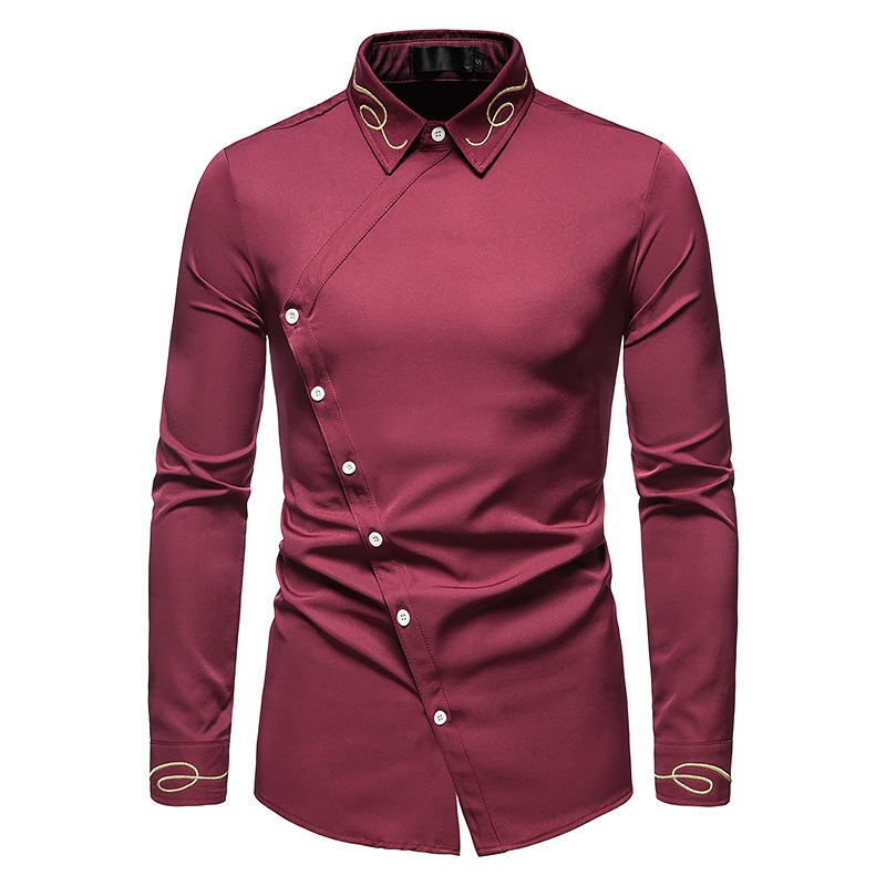 Men's embroidered asymmetric long-sleeved shirt in burgundy, featuring stylish button-down design and breathable fabric.