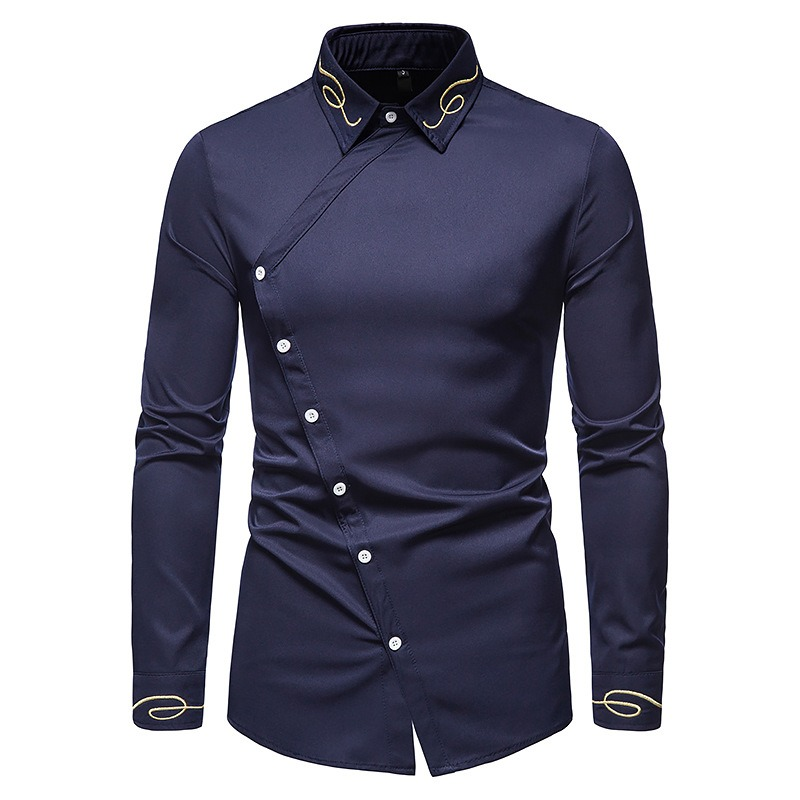 Fashion Men's Embroidered Asymmetric Long-sleeved Shirt / Male Cotton Shirts on Buttons - HARD'N'HEAVY