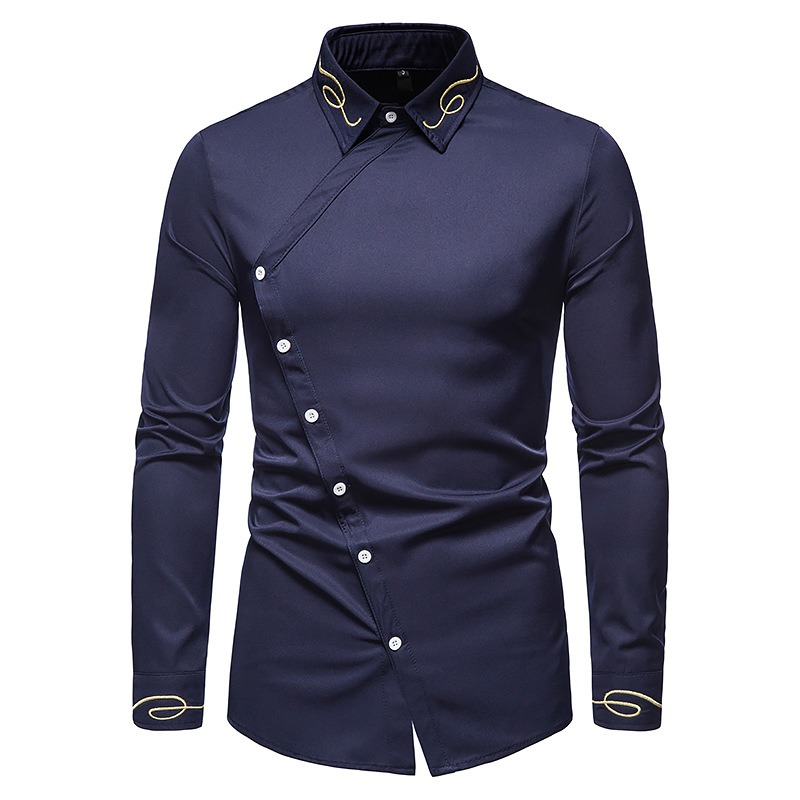 Fashion Men's Asymmetric Long-sleeved Shirt in navy blue with unique embroidery and stylish buttons.