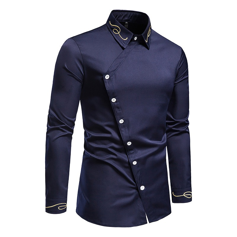 Men's asymmetric long-sleeved shirt in navy blue, featuring elegant embroidery and breathable fabric.