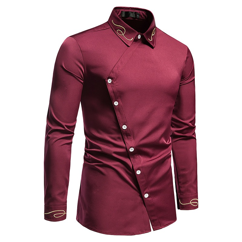 Men's embroidered asymmetric long-sleeved shirt in burgundy, stylish casual design with button closure and elegant details.