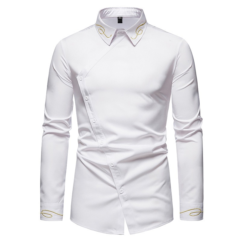 Men's elegant white embroidered asymmetric long-sleeved shirt, perfect for casual occasions. High-quality breathable cotton.