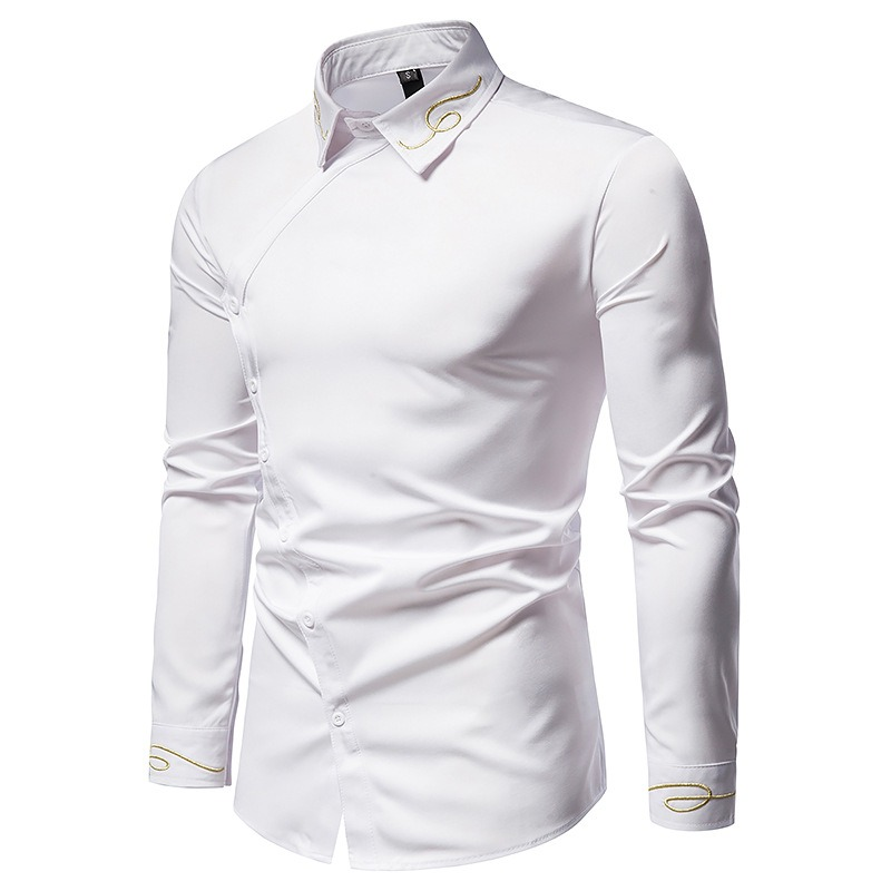 White embroidered asymmetric long-sleeved shirt for men, perfect for casual wear and made from breathable cotton.