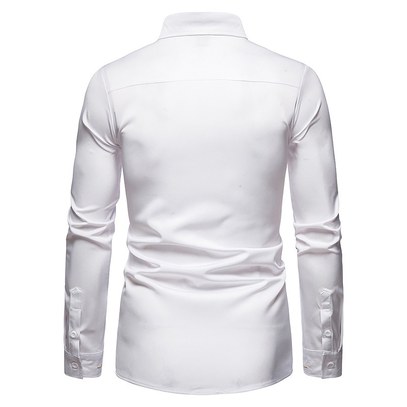 Back view of a men's long-sleeved white asymmetric shirt, showcasing elegant casual style and breathable fabric.