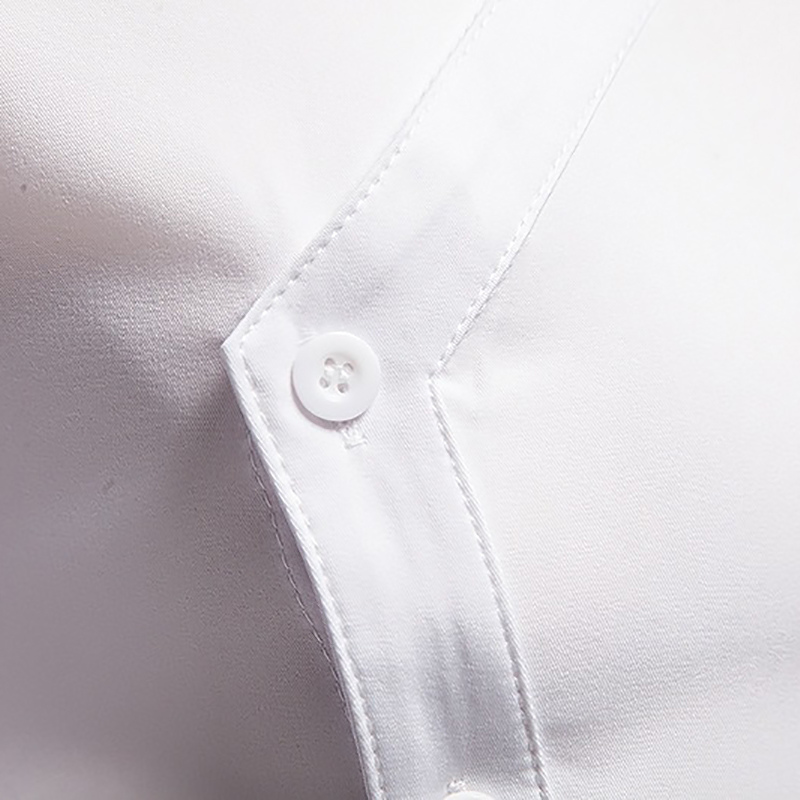 Close-up of a white cotton shirt button and placket, showcasing quality craftsmanship for a stylish men's casual shirt.