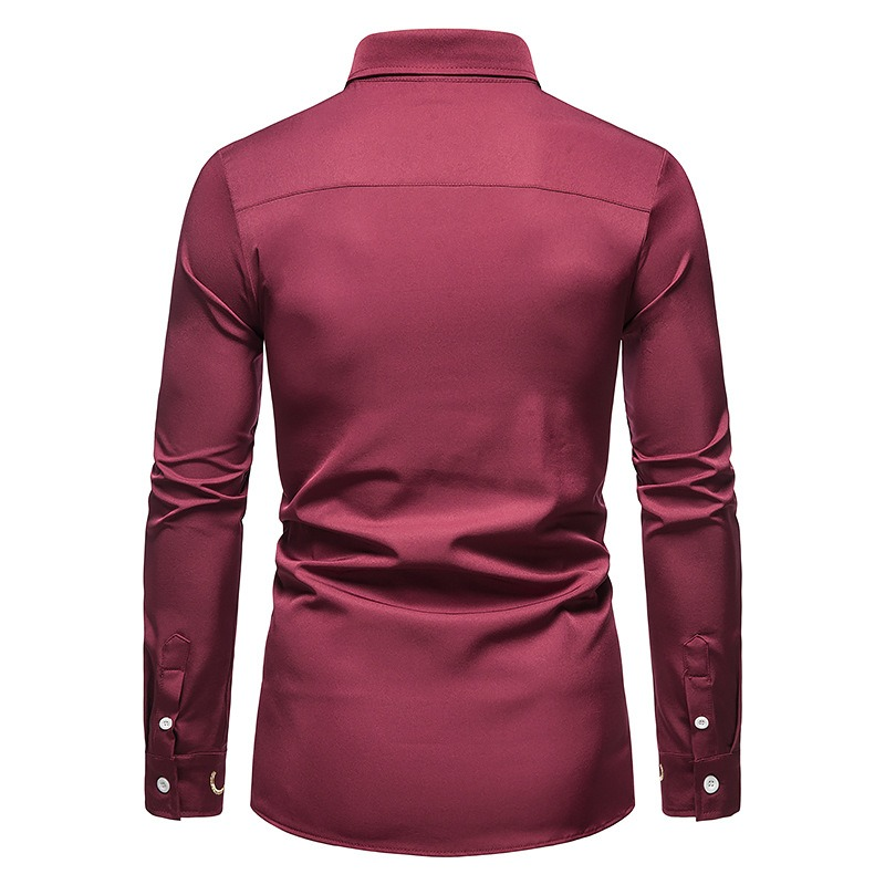 Back view of men's asymmetric long-sleeve cotton shirt in burgundy, showcasing elegant design and quality materials.