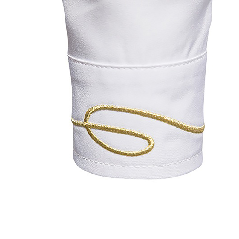 Close-up of a men's long-sleeve shirt cuff featuring elegant gold embroidery on white fabric.
