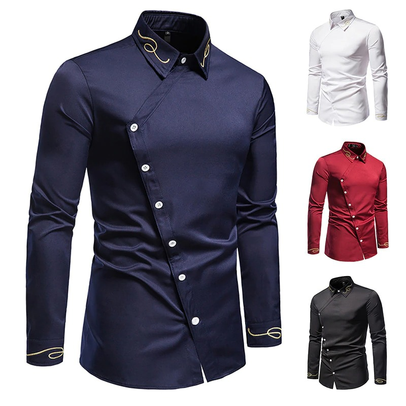 Men's embroidered asymmetric long-sleeved shirt in navy, white, red, and black. Stylish casual shirt for modern men.