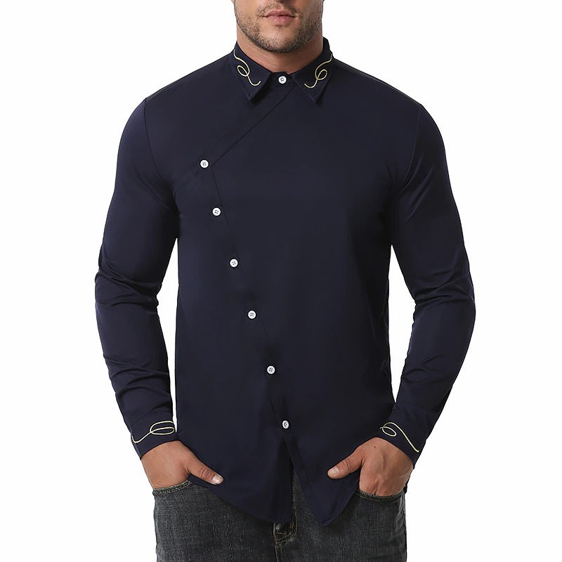 Men's navy asymmetric long-sleeved shirt with embroidered collar and buttons, perfect for casual style.