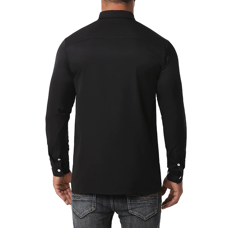 Back view of men's black asymmetric long-sleeved shirt made of breathable cotton, perfect for casual wear.