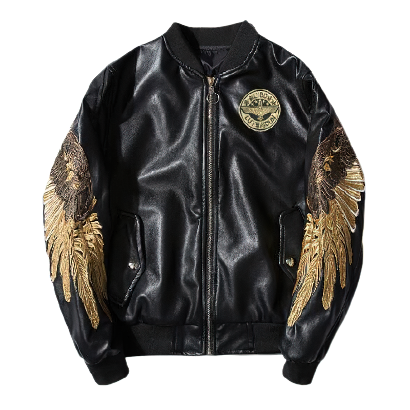 Fashion Men's Faux Leather Jacket in punk style / Male Outwear with Embroidery of Gold Wings - HARD'N'HEAVY