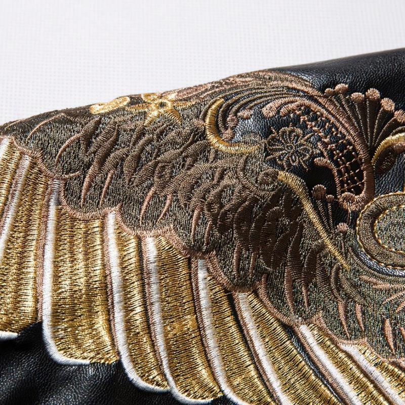 Fashion Men's Faux Leather Jacket in punk style / Male Outwear with Embroidery of Gold Wings - HARD'N'HEAVY