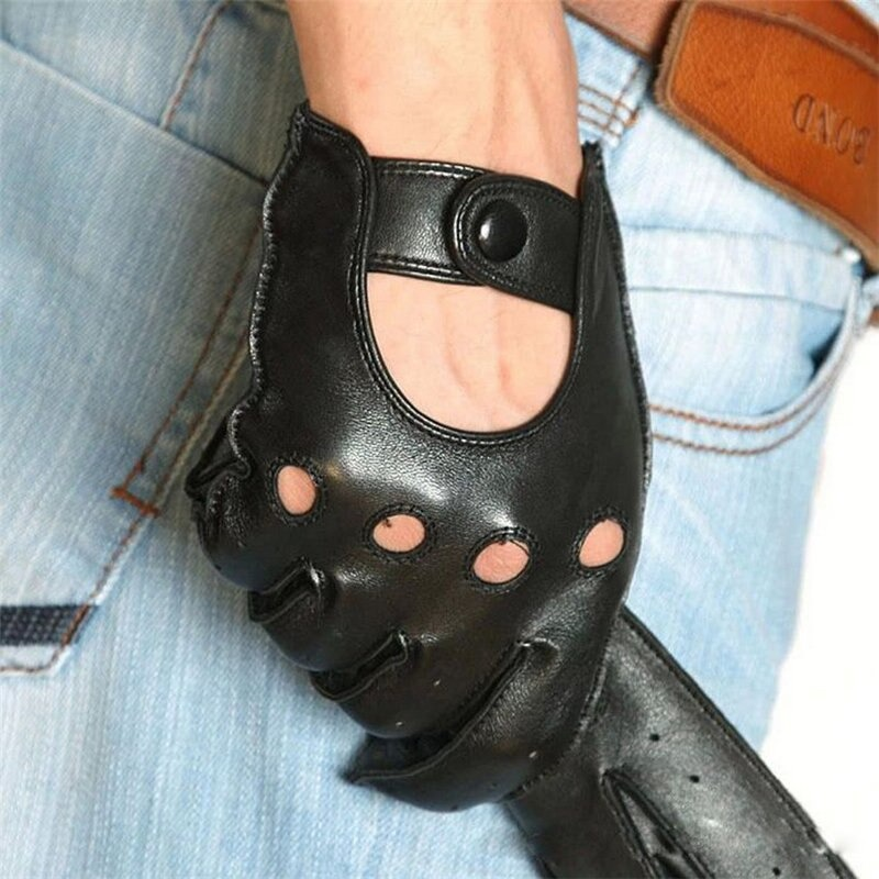 Close-up of a man's hand wearing stylish black leather biker gloves, perfect for motorcycle riding and casual outings.