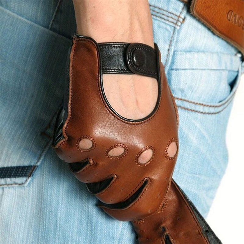 Close-up of a man's hand wearing stylish brown leather gloves, perfect for casual motorcycle riding.