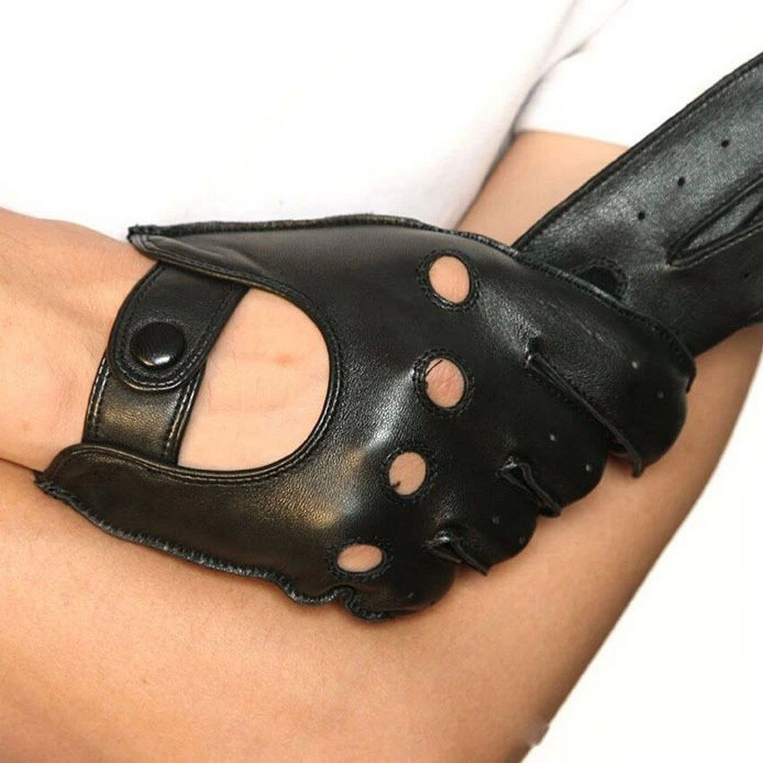 Men's genuine leather motorcycle gloves in stylish black, perfect for biking and casual wear.