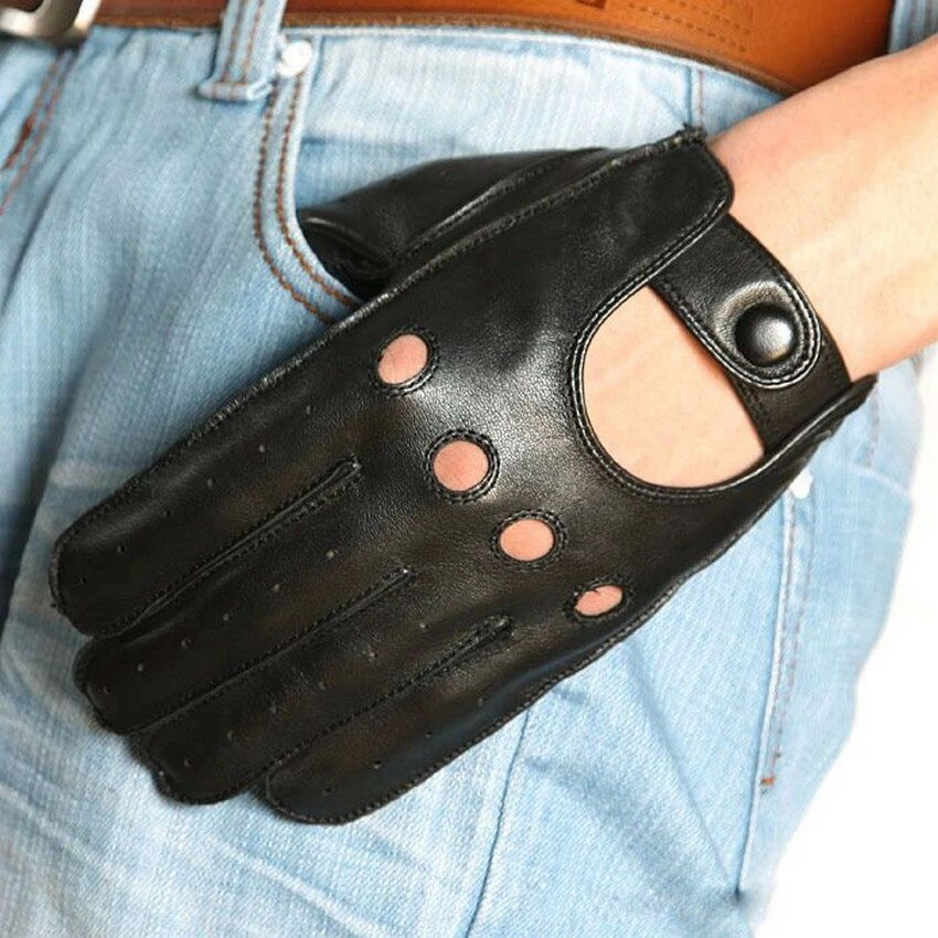Men's black leather gloves with cut-out fingers, perfect for motorcycle riding and casual wear.