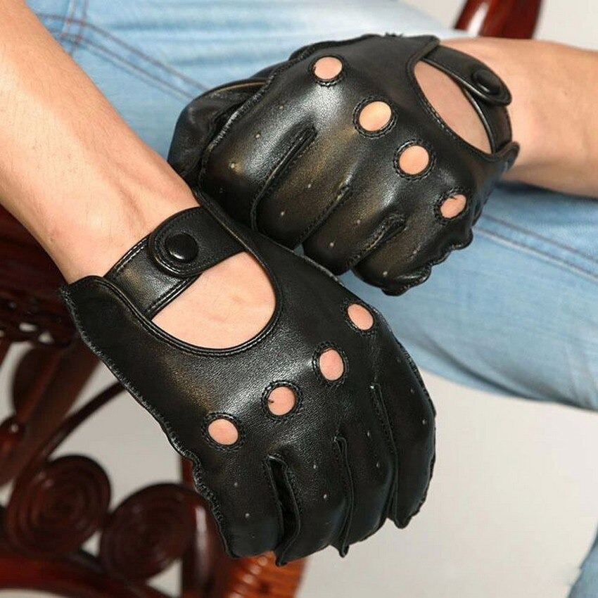 Men's genuine leather biker gloves in black with open fingers, perfect for casual motorcycle riding.
