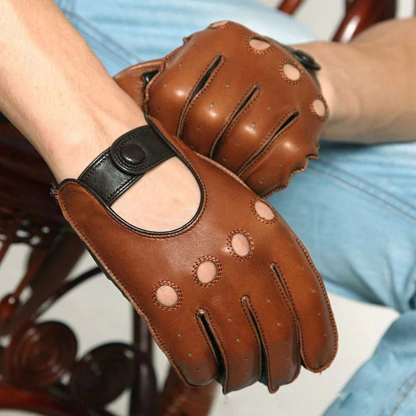Men's genuine leather gloves in brown, perfect for casual motorcycle riding with sporty design and finger cutouts.