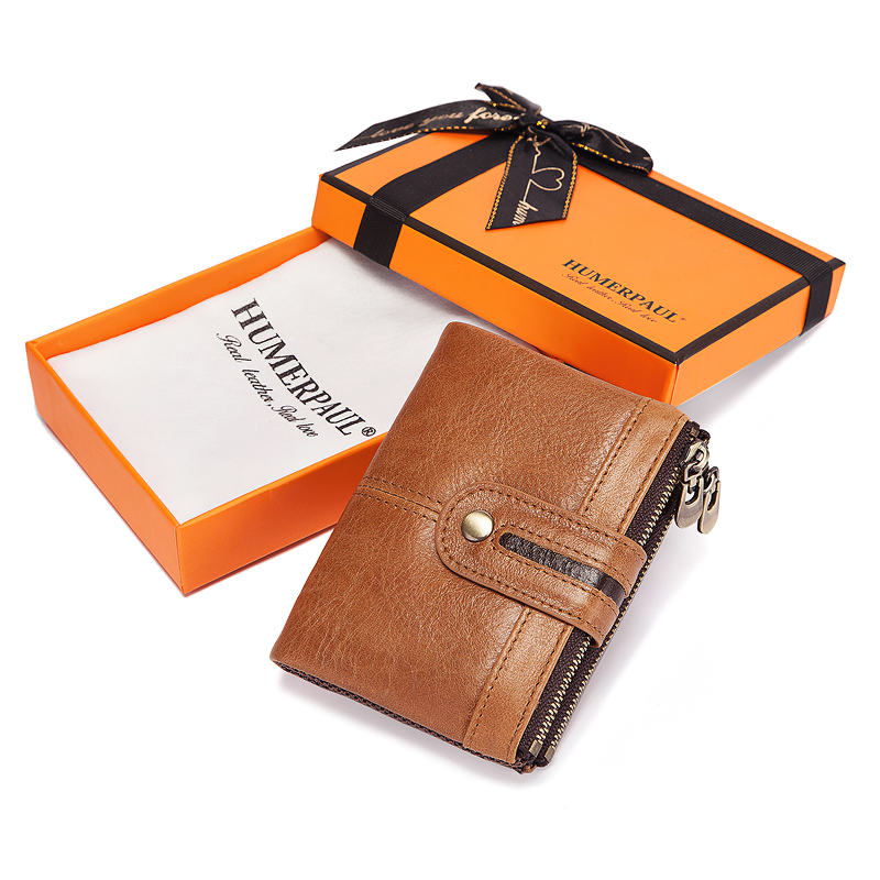 Stylish genuine leather wallet in a gift box with orange packaging, perfect for organization and fashion.