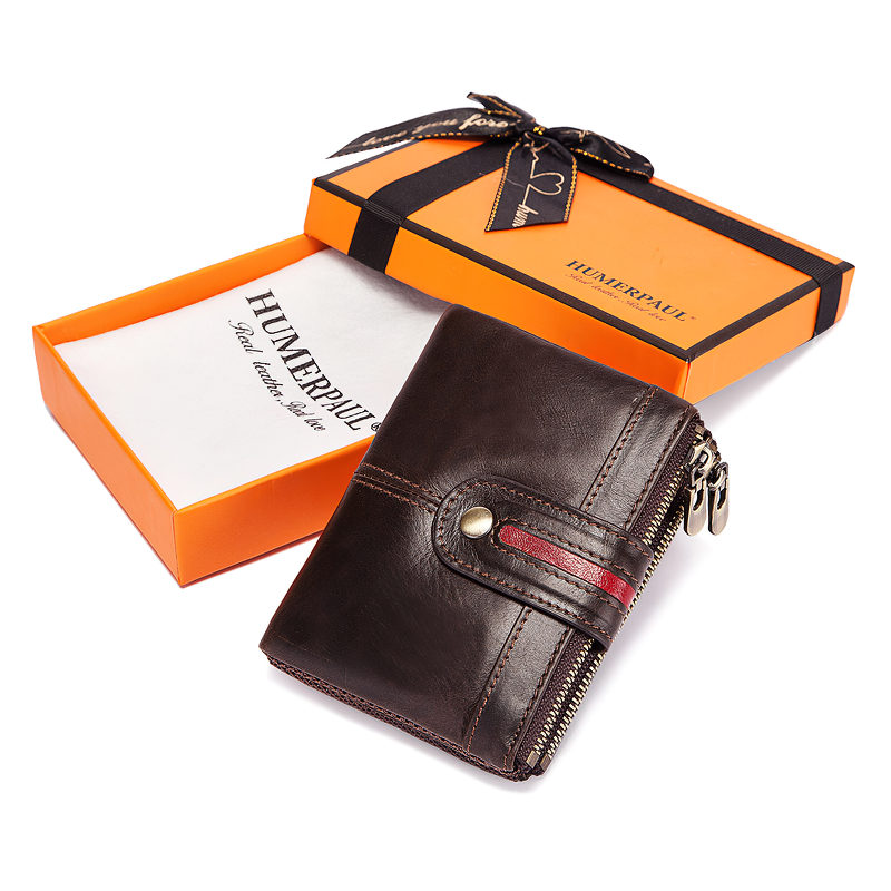 Genuine leather multifunction wallet in brown with stylish packaging, perfect for cards and coins.